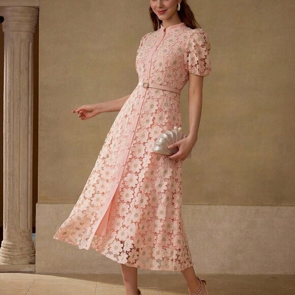 Dresses & Skirts - Pink Elegant Women's Floral Embroidered Puff Sleeve Fitted waist dress